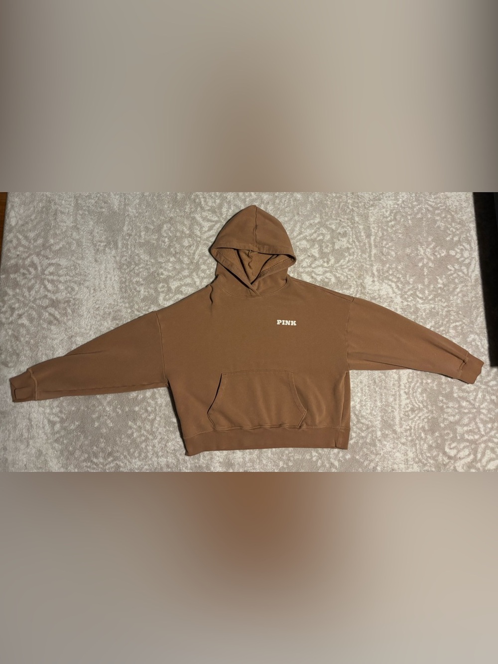 PINK Victoria's Secret - Tan / Brown Hoodie Sweatshirt Velour PINK logo Medium